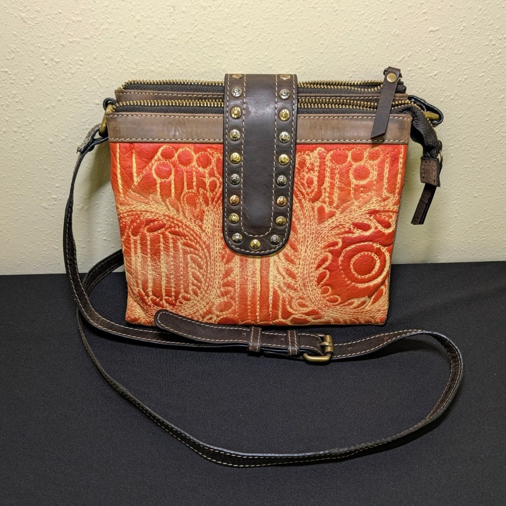 Firenze Bella Leather Crossbody Bag Embroidered Orange Brown Boho Utility Purse